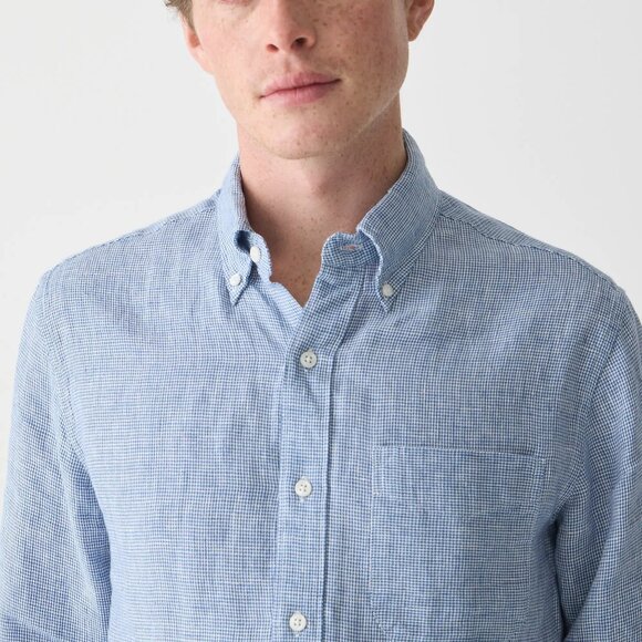 NWT $98 J Crew 100% Irish Linen Baird McNutt Blue Houndstooth Shirt Classic Fit - Picture 3 of 6